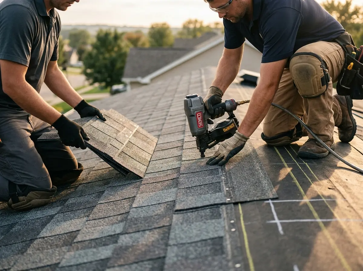 Professional roofer working on a residential roof in Fairlawn